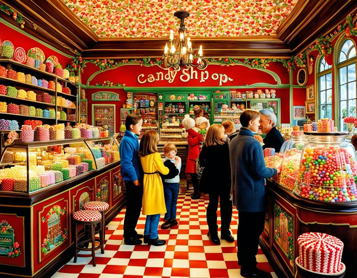 Family in Candy Shop, Naive Art Illustration