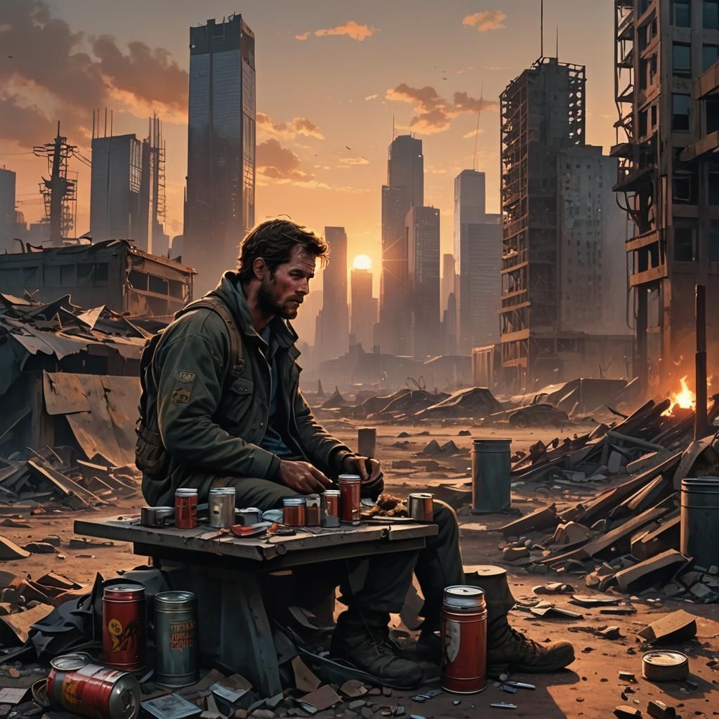 Dystopian Survivor in Wasteland Ruins at Sunset