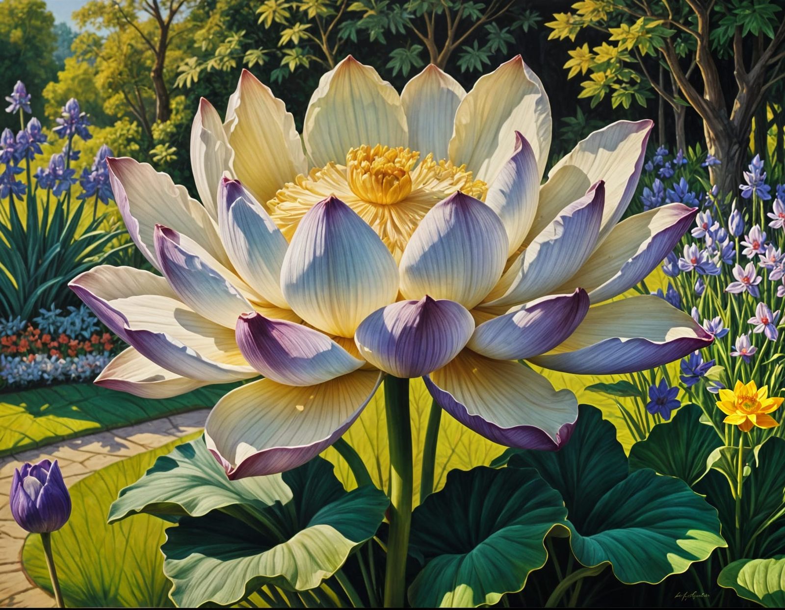 Grotesque Lotus Flower in Summer Garden as Botero Painting