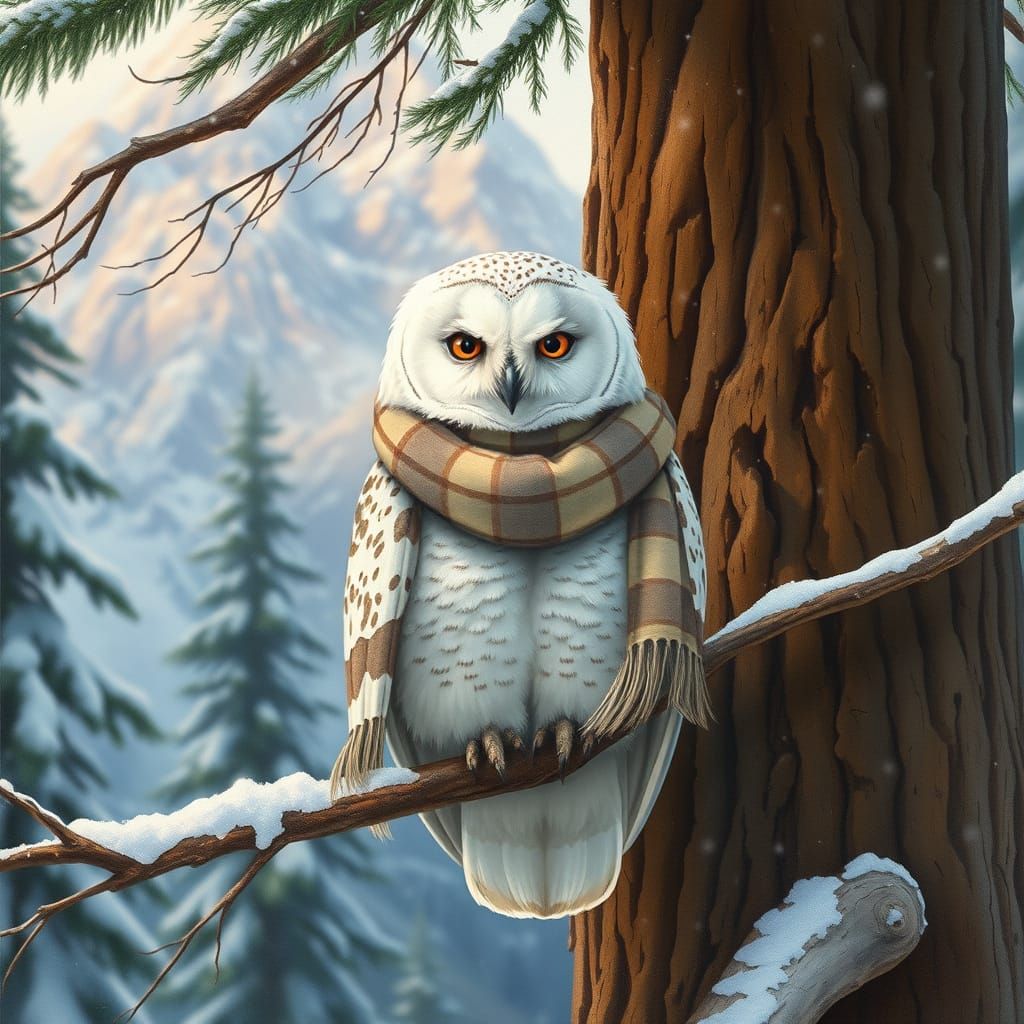 Snowy Owl in Scarf on Mountain Tree, Dreamy Watercolor Style