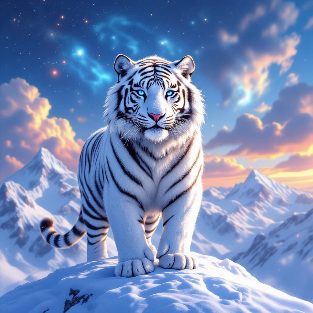 Majestic Woolly White Tiger on Cosmic Mountain Peak