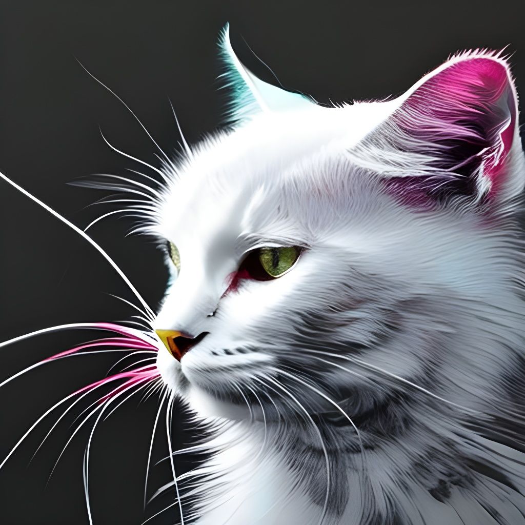 Adorable White Cat Portrait in Inkblot Art Style