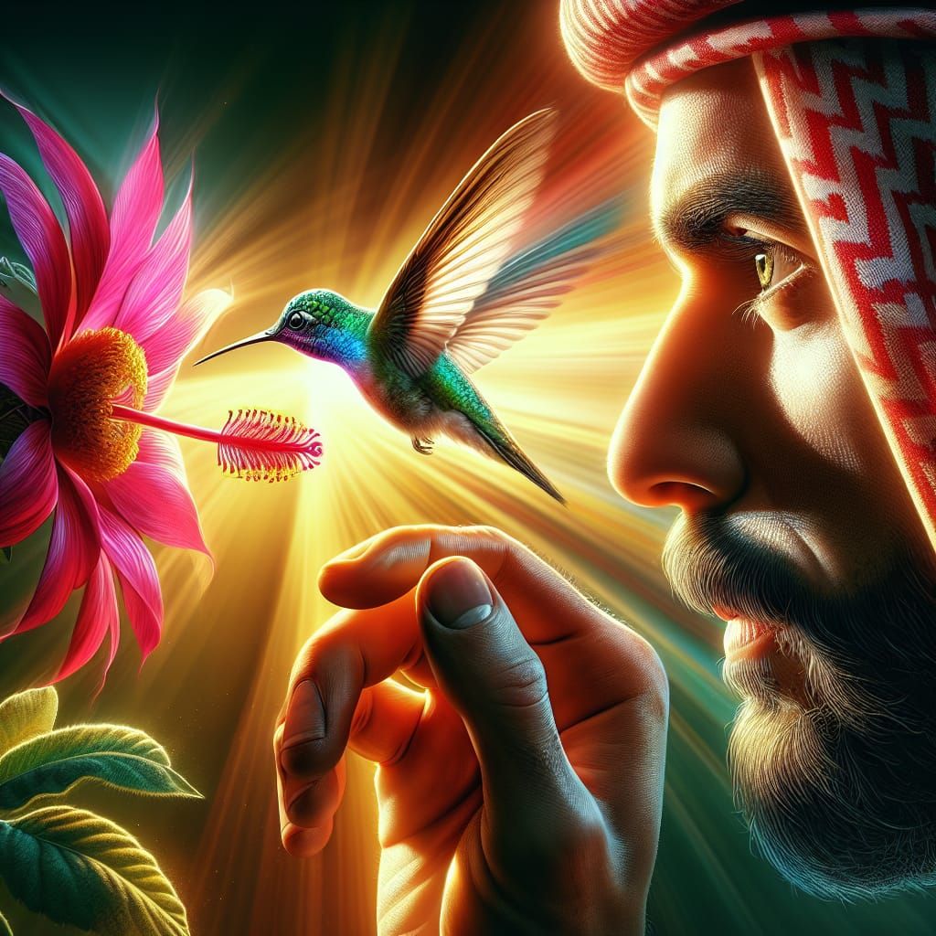 Man in Awe Watching Hummingbird, Hyperrealistic Concept Art