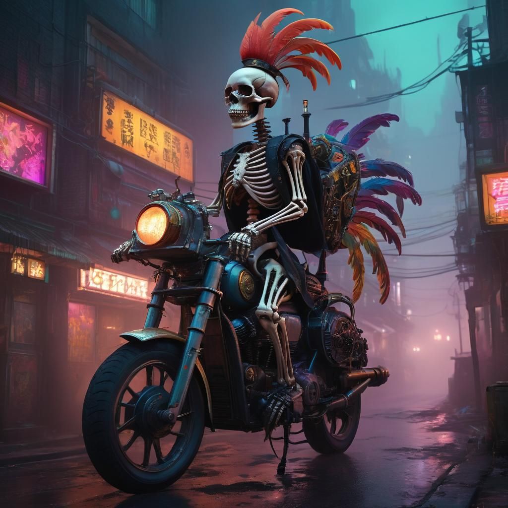 A Human Skelton riding on the back of a 6ft very colorful  l...