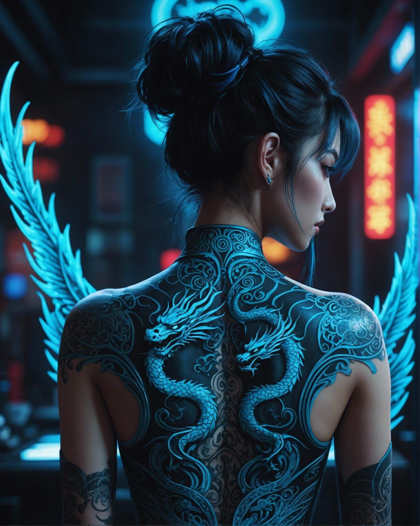 Neon Cyberpunk Anime Silhouette with Dragon Tattoo