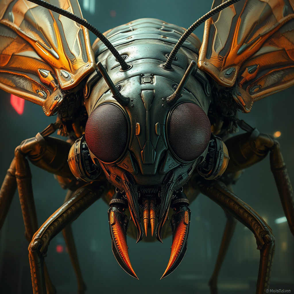 Humanoid Insect with Human Face in Biomechanical Style