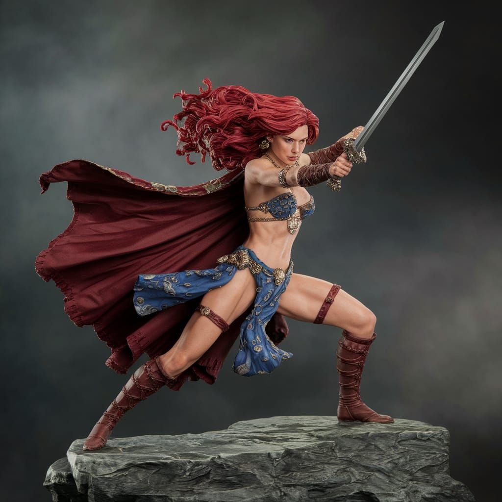 Red Sonja in Fierce Dark Fantasy Battle Pose