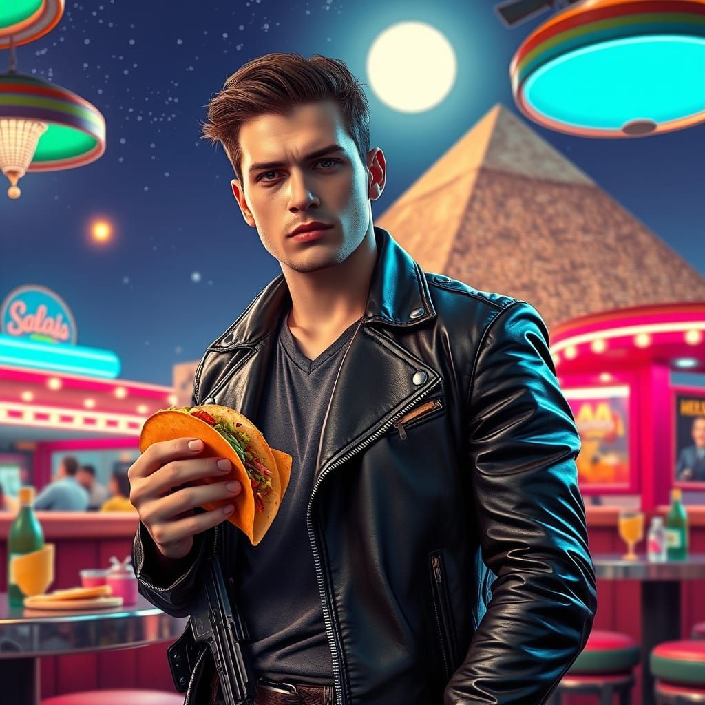 Mexican Cafe Scene with Pyramid in Cyberpunk Style