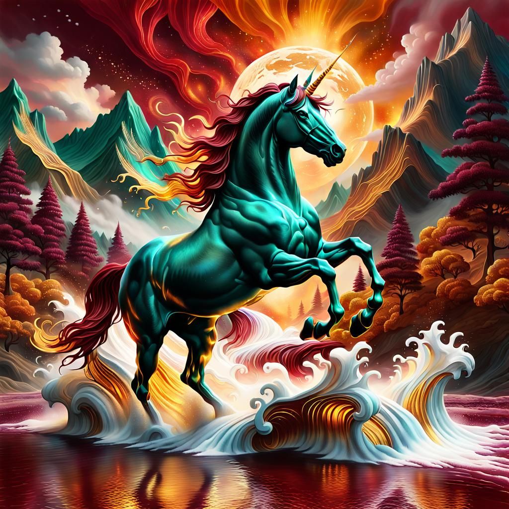 Golden Unicorns in Ethereal Landscape, Digital Art