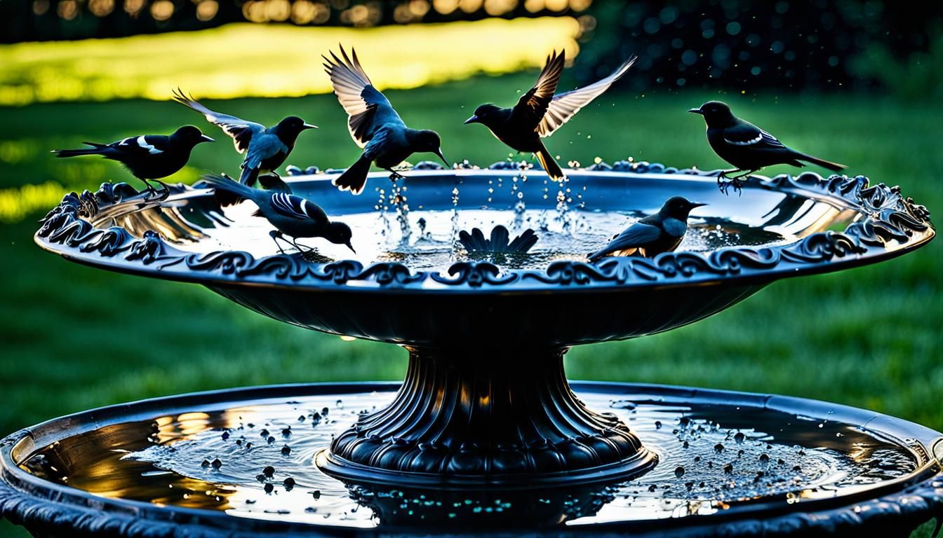 Hyperrealistic Birds at Ornate Birdbath in Golden Light