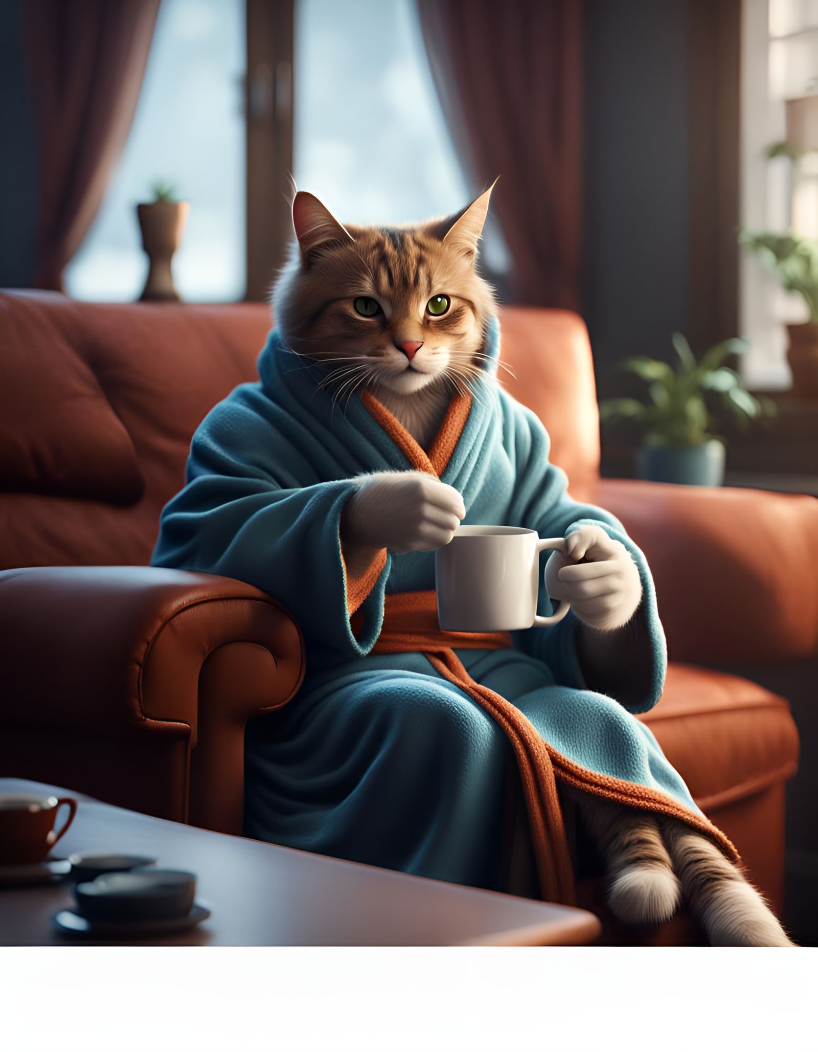 Lazy Cat Enjoying Coffee: Matte Painting Style