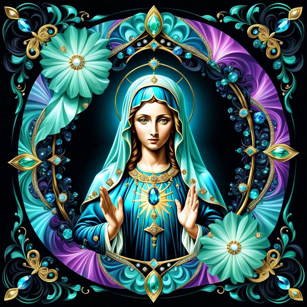 Holy Virgin Mary with Gemstones in Iridescent Fractal