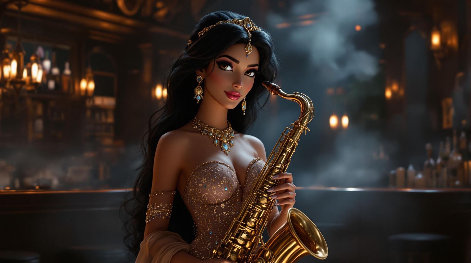 Gorgeous Princess Jasmine Holding a Saxophone in a Bar Scene