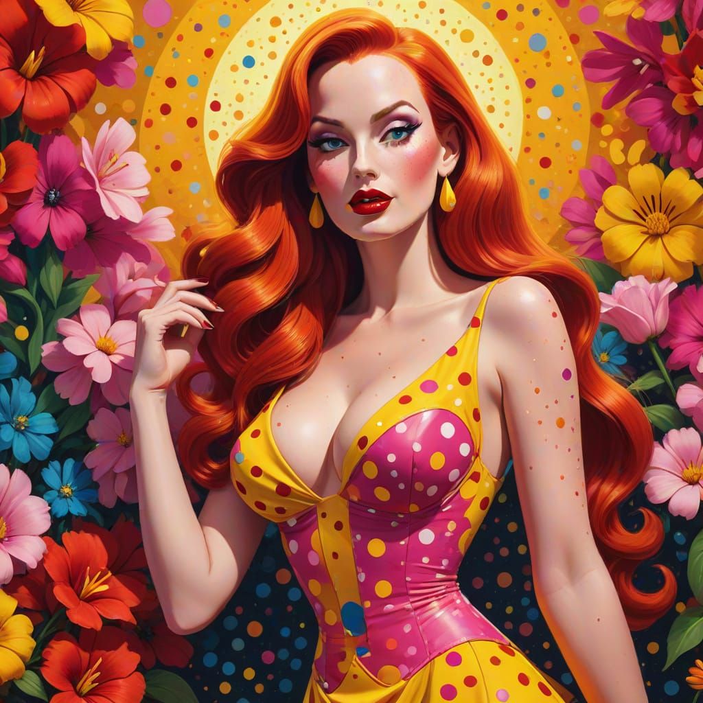 Jessica Rabbit Pop Art Portrait with Flowers and Dots