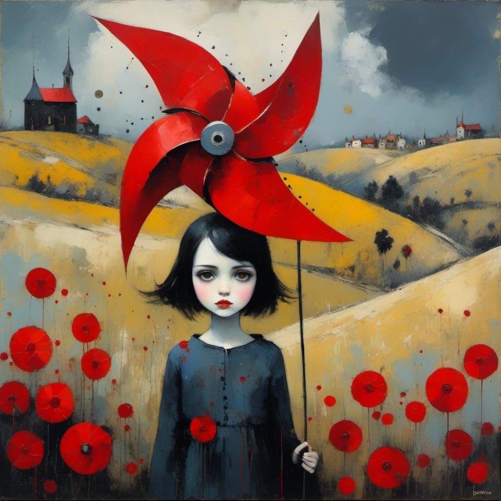 Dystopian Girl with Red Pinwheel: Expressive Oil Painting