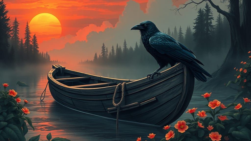 Raven on Swamp Boat in High-Contrast Color Print Art