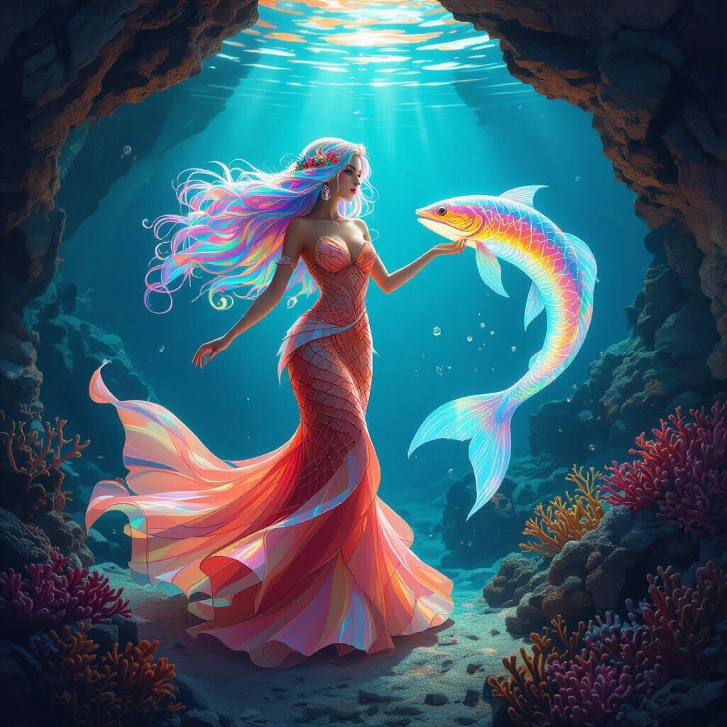 Mystical Mermaid Dance in Bioluminescent Underwater Cave
