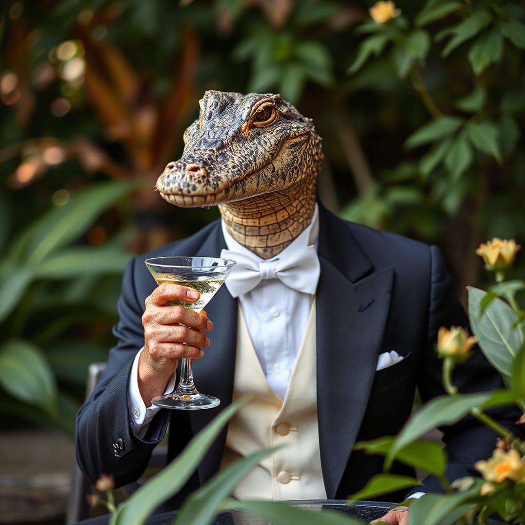 Alligator in Tuxedo Sipping Martini, Professional Photograph...