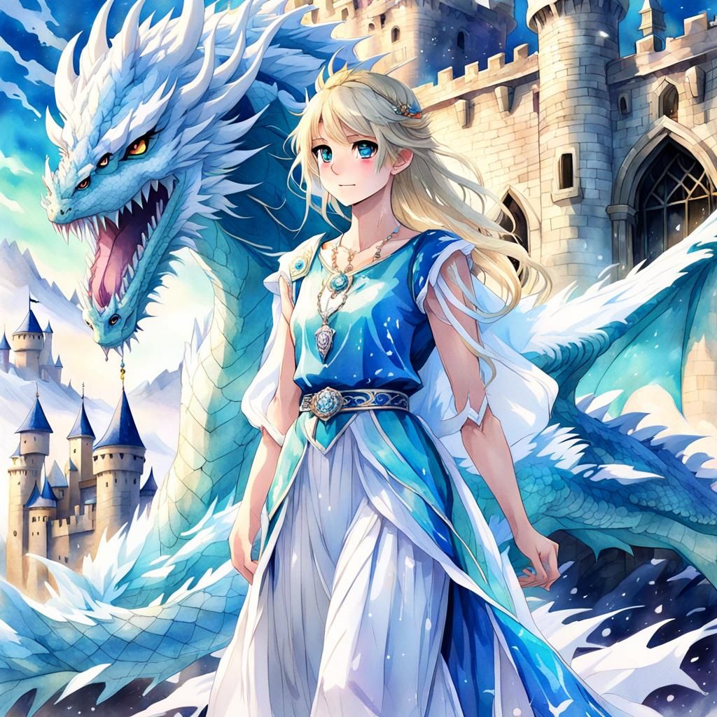 Anime Woman and Ice Dragon in Watercolor Style