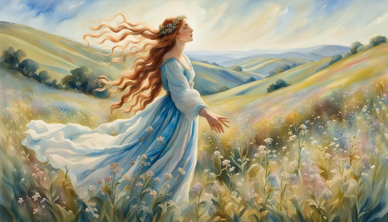 Woman in Meadow: A Pre-Raphaelite Painting