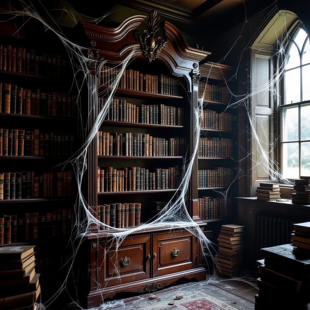 Ancient Bookcase with Cobwebs in Dusty Room