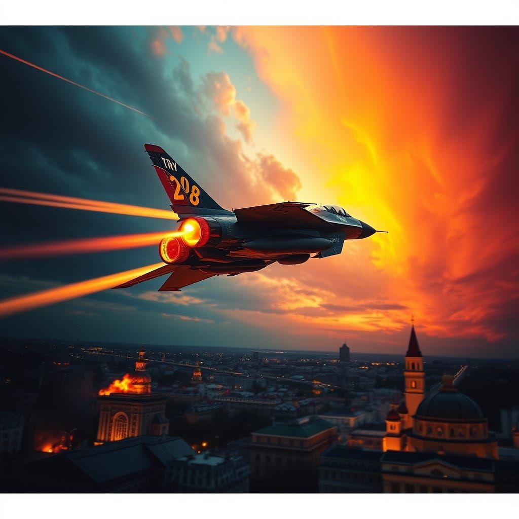 MiG-29 Flies Over Kyiv: Hyperrealistic Cinematic Illustratio...