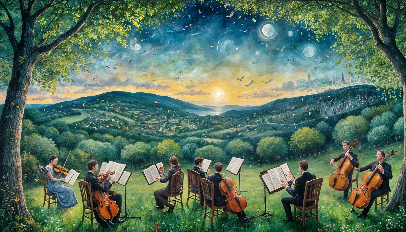 Orchestra Performs in Park amidst Floating Musical Notes