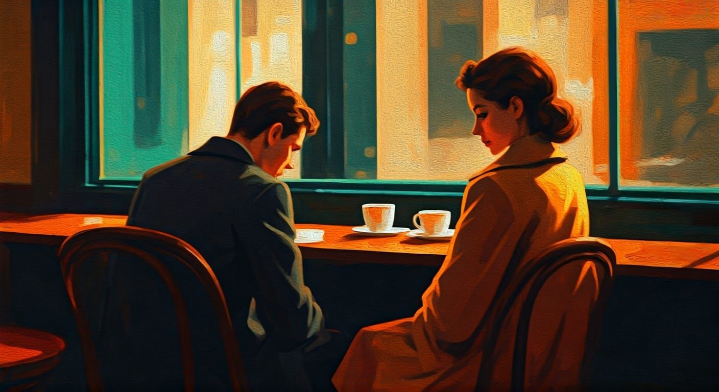 Cafe Couple in Nostalgic Realism Style