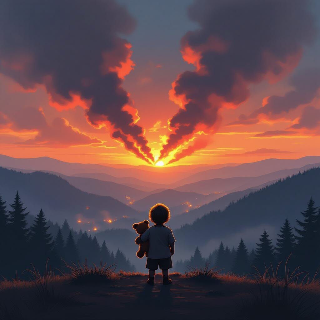Child Overlooking Forest Fire in Apocalyptic Style