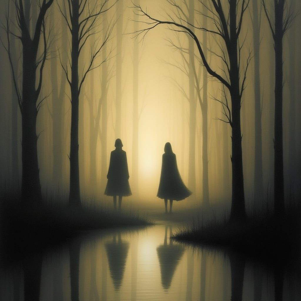 Figures in Foggy Forest: Romantic Landscape Art