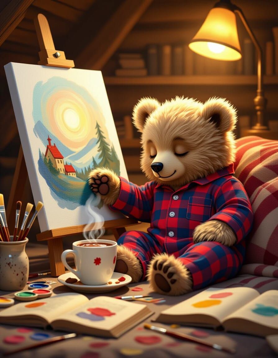 Cozy Bear Cub Artist Dozes Beside Canvas