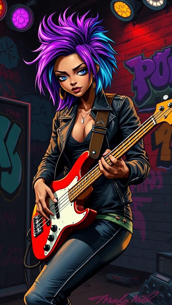 Woman Shreds Bass Guitar in Gritty Studio: Digital Art
