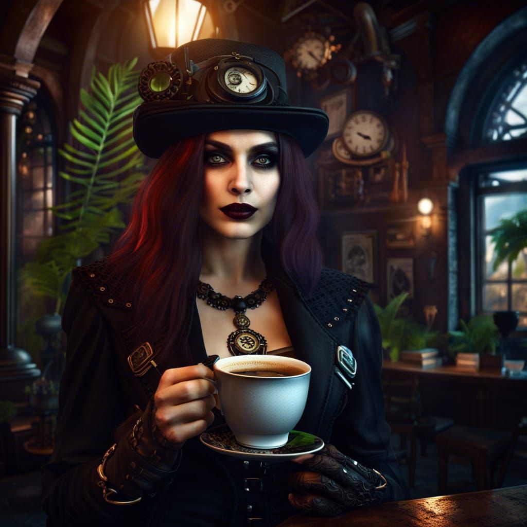 Steampunk Vampire in Jungle Coffee Shop