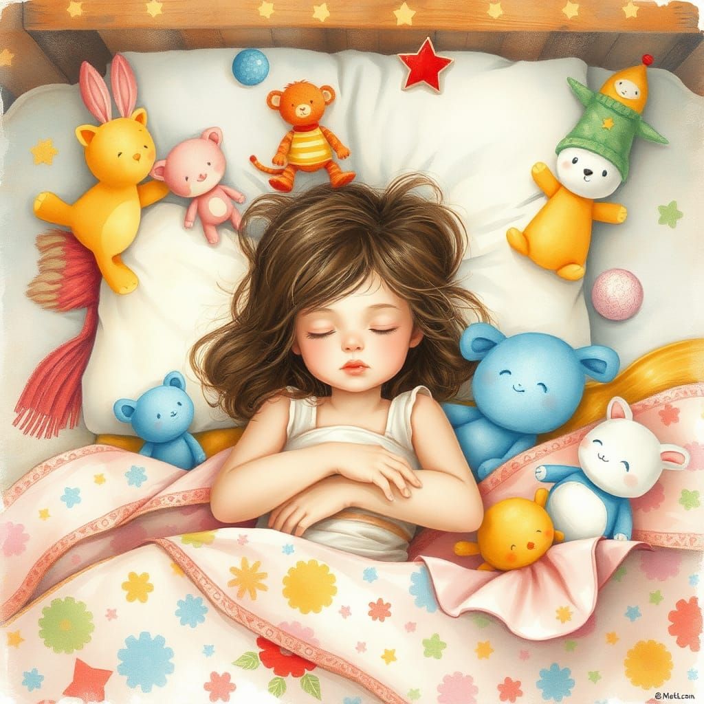 Girl Asleep Surrounded by Toys: Dreamlike Watercolor