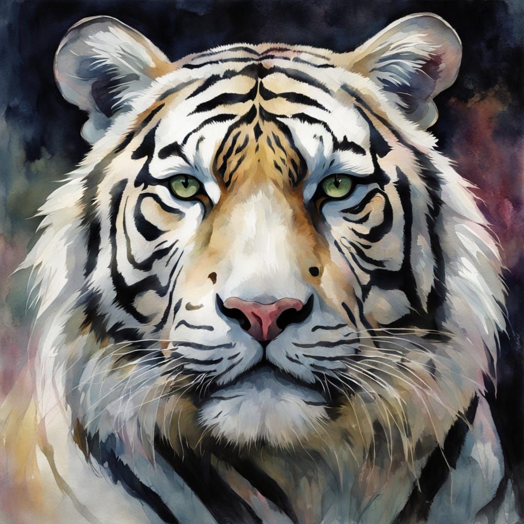 Snow White Tiger's Serene Contemplation in Dreamy Watercolor