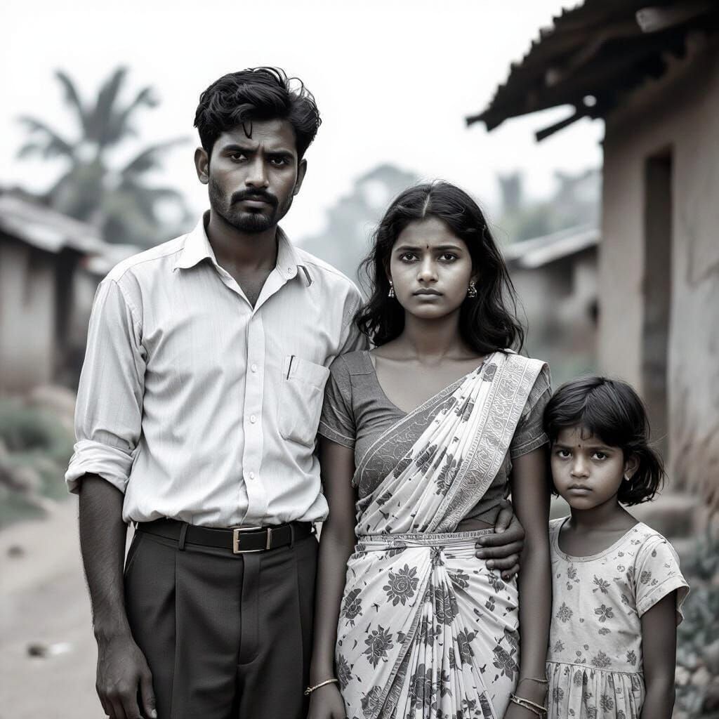 Sad Couple in Rural Village B&W Photo