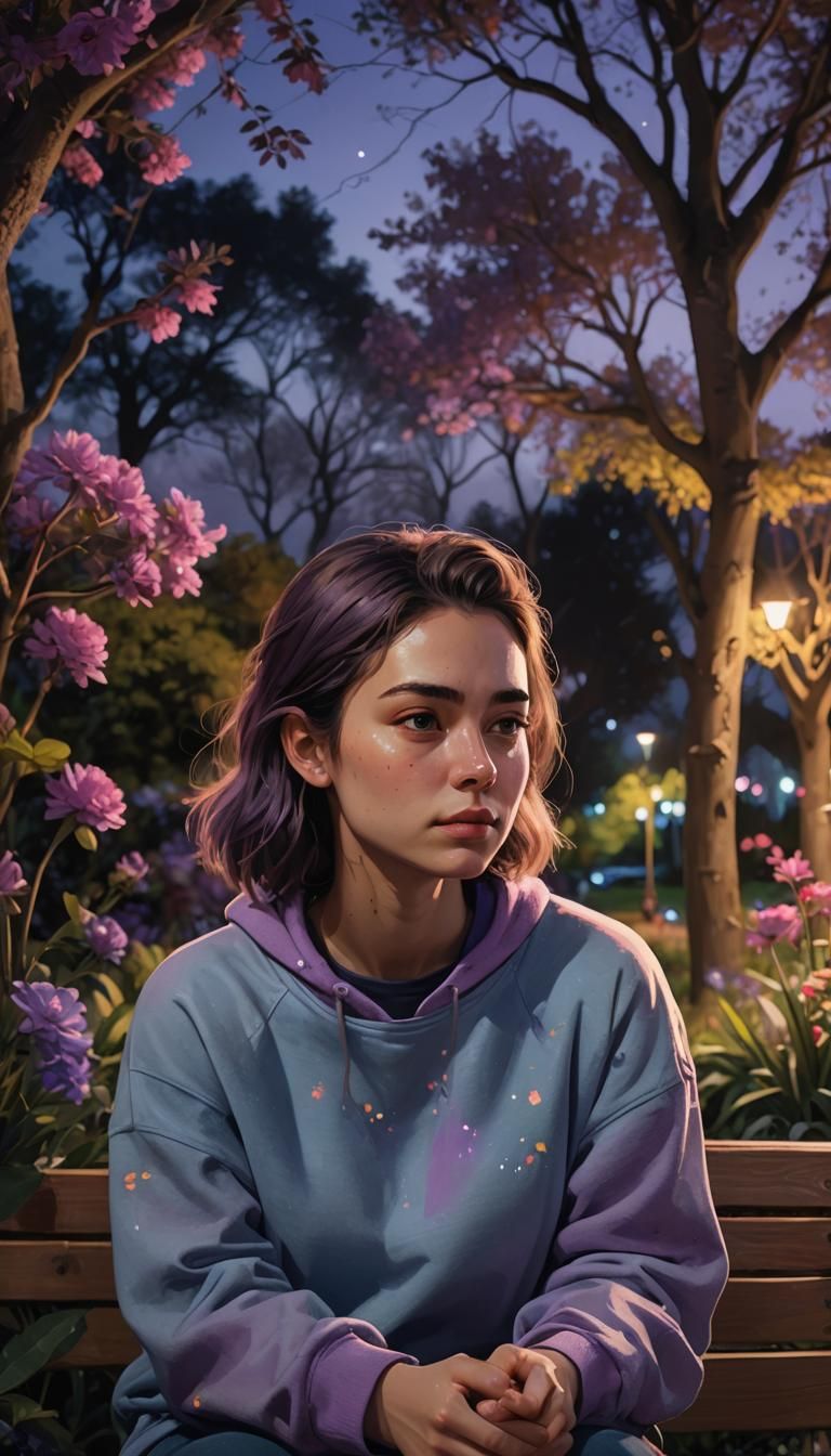 Melancholic Woman in Garden at Night: Hyperrealistic Concept...