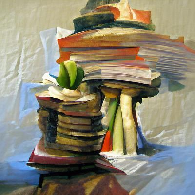 Classic Still Life Painting of Stacked Books