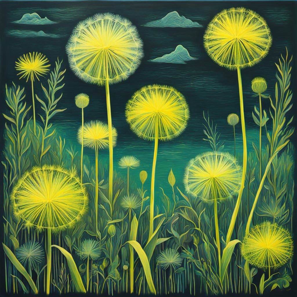 Abstract Surrealism Painting of Wild Rice in Chartreuse Tone...