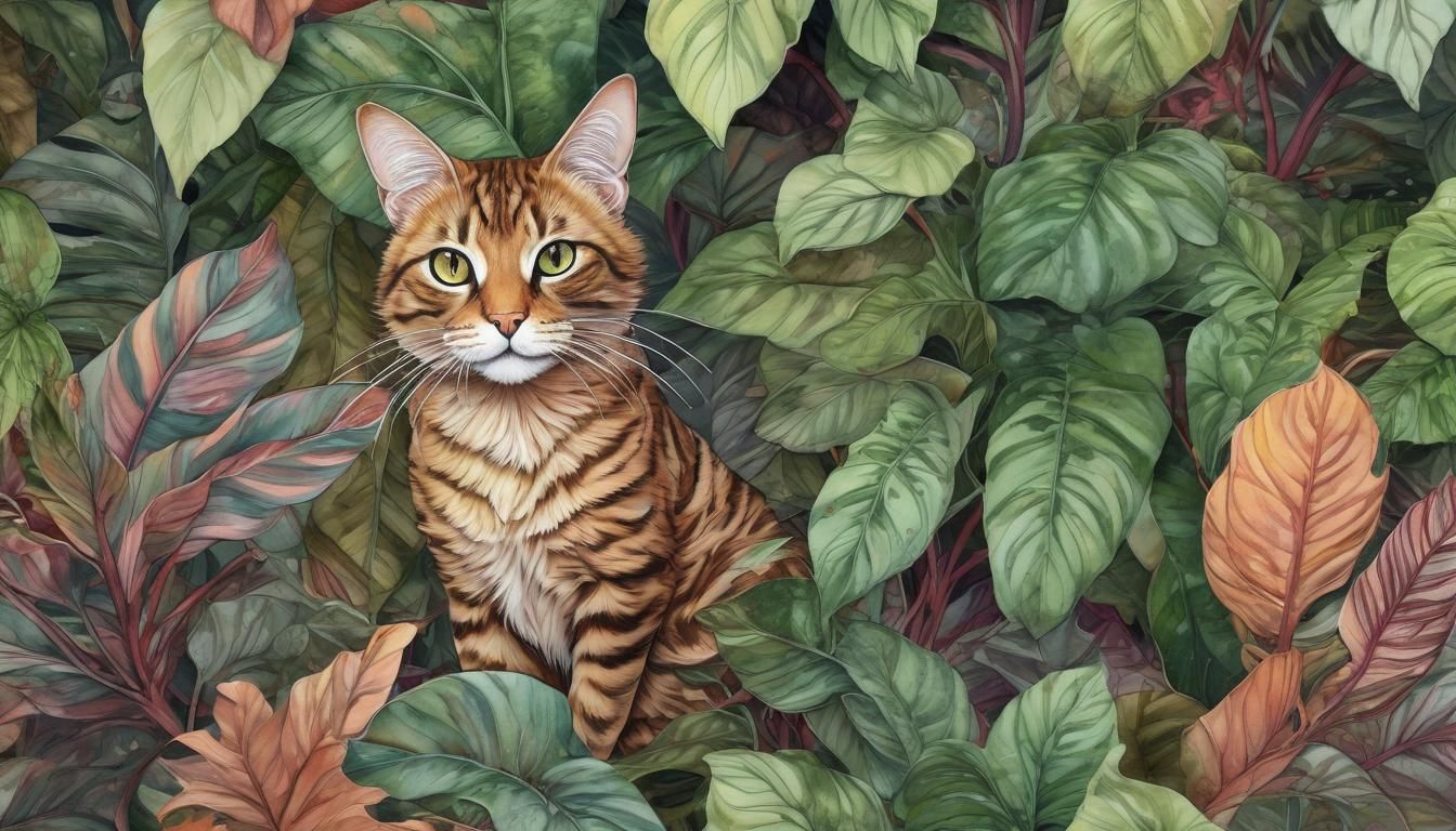 Cat in Calathea Foliage: Watercolor and Ink Art