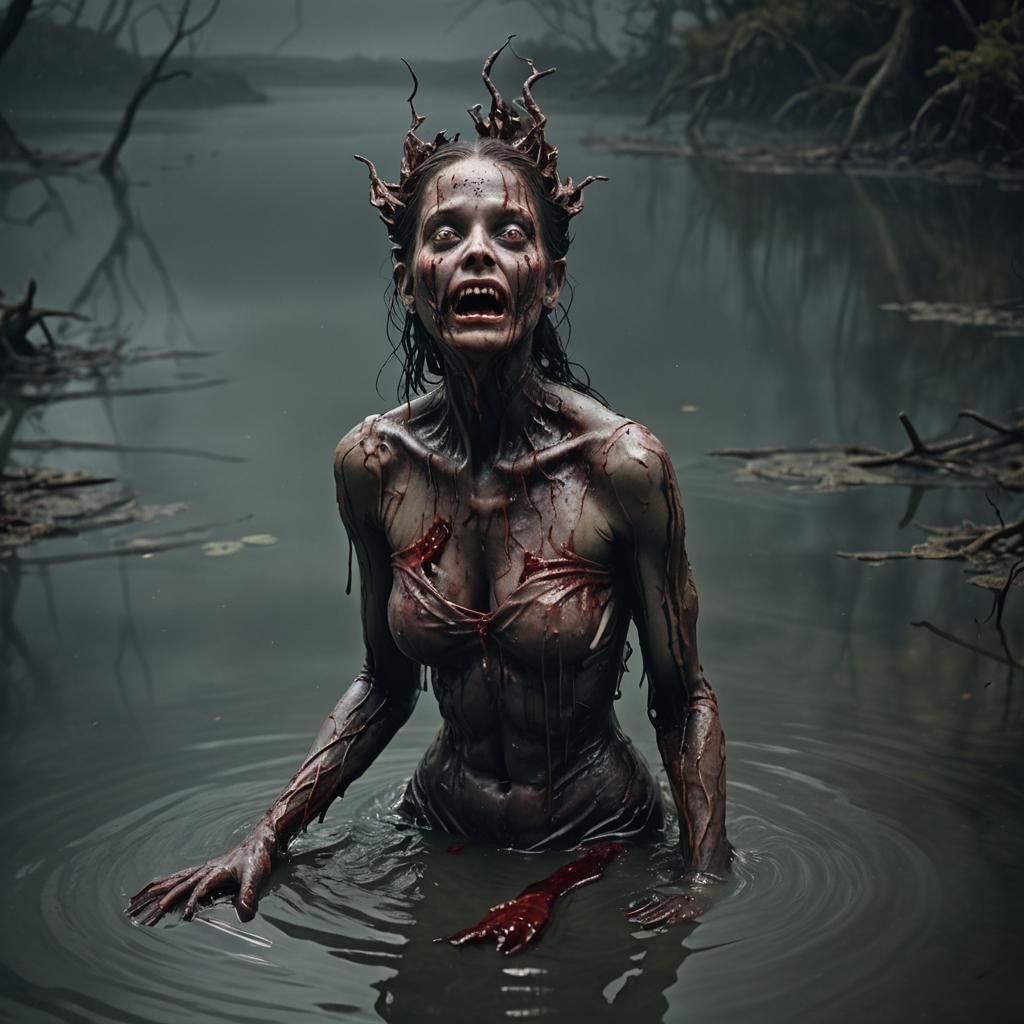 A hauntingly beautiful and high-resolution 3D image of a grotesque, yet captivating, woman emerging from a dark, murky l...