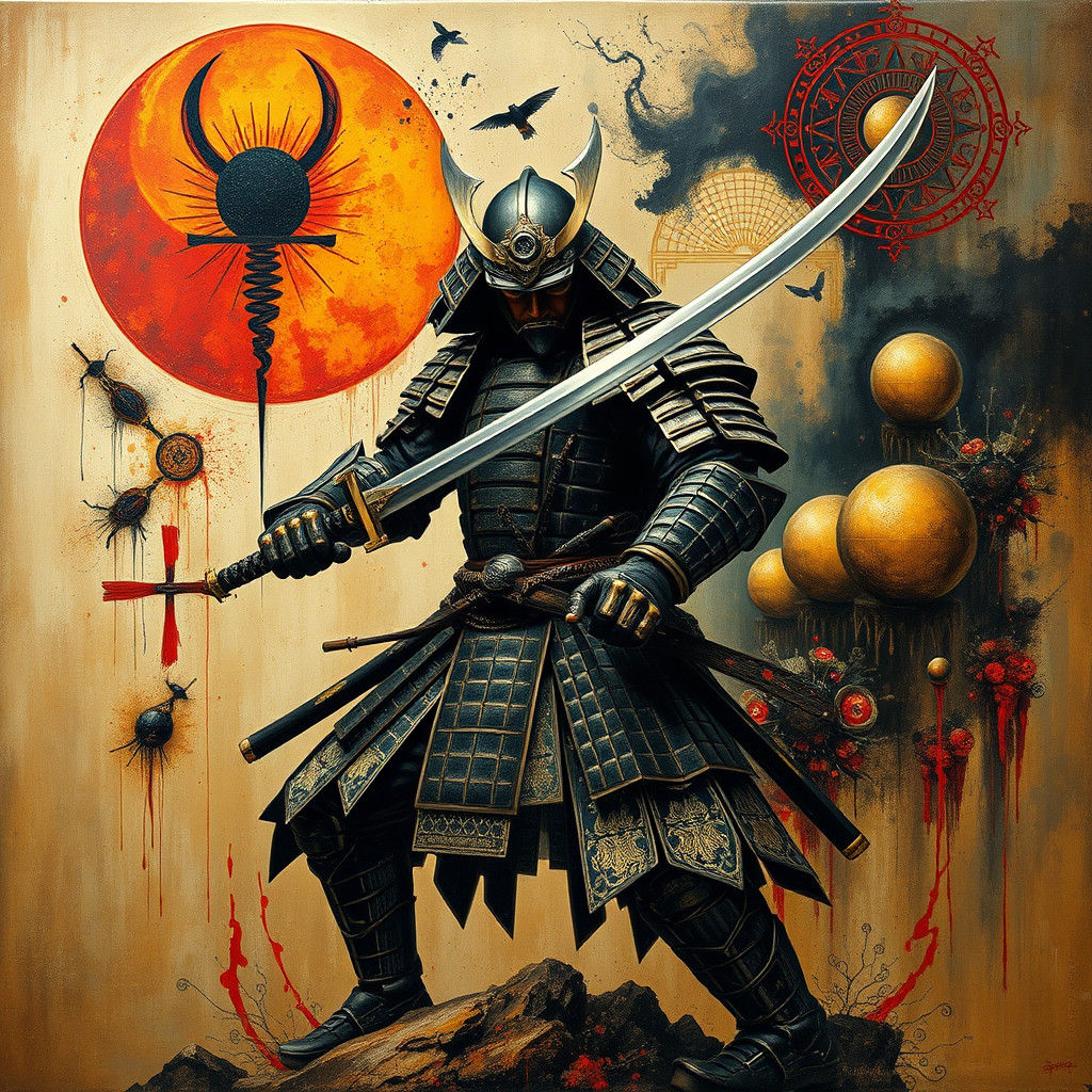 Samurai in Surreal Horror Landscape, Impasto Oil Painting