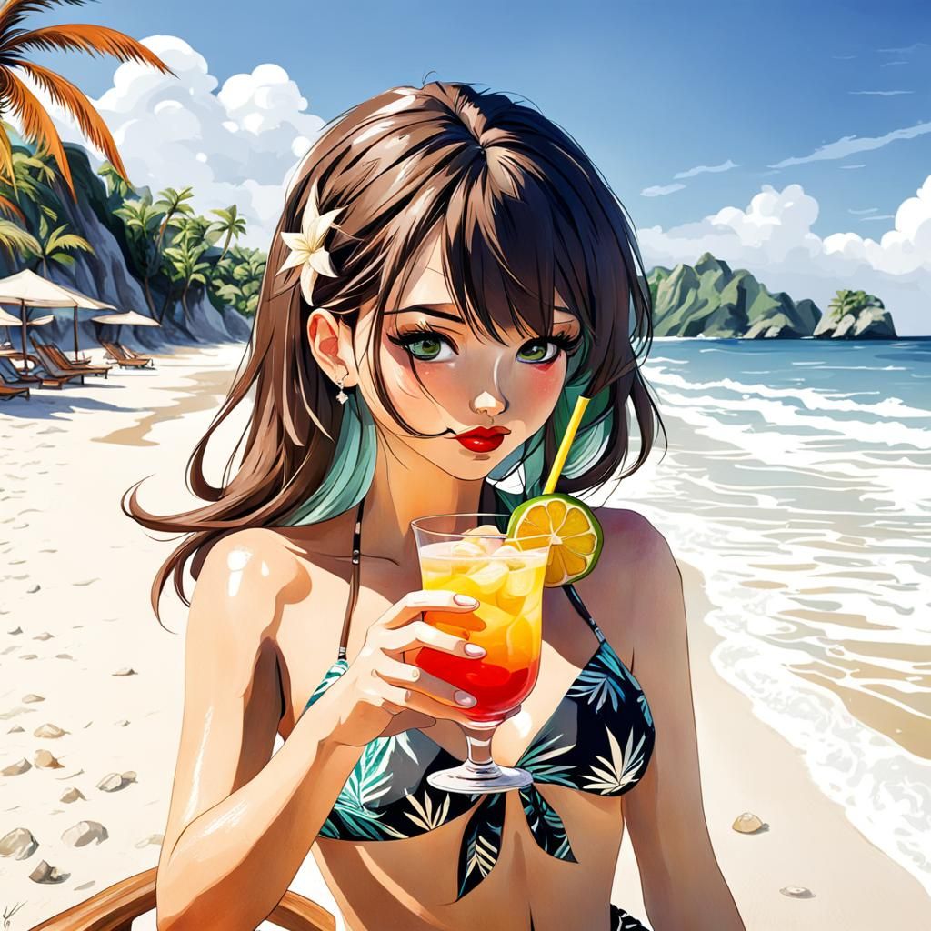 Girl Sipping Cocktail on Tropical Beach