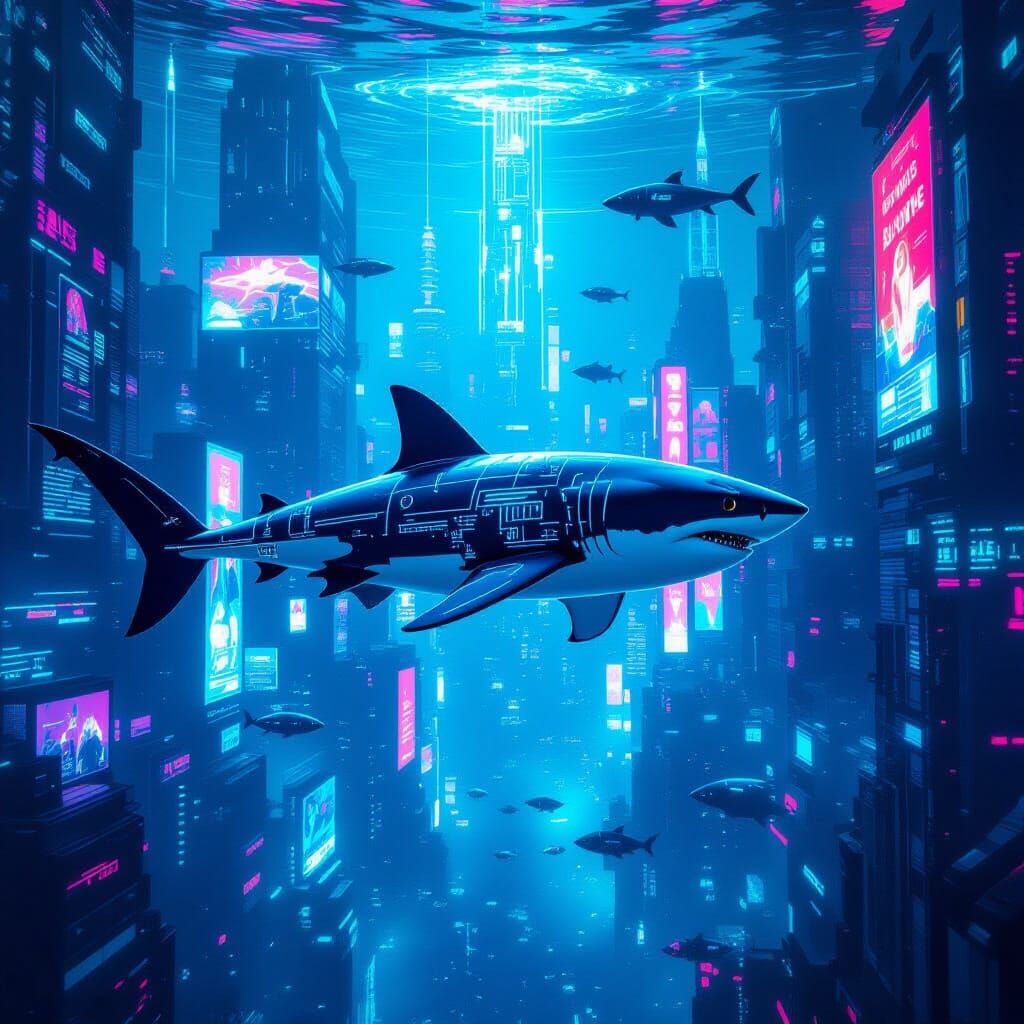 Futuristic Shark Gliding Through Neon Underwater Cityscape