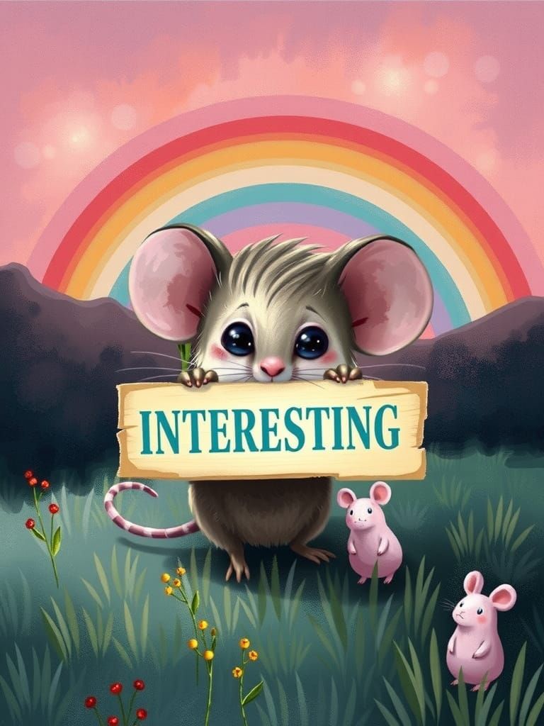 A cute gray mouse holding a sign that says INTERESTING