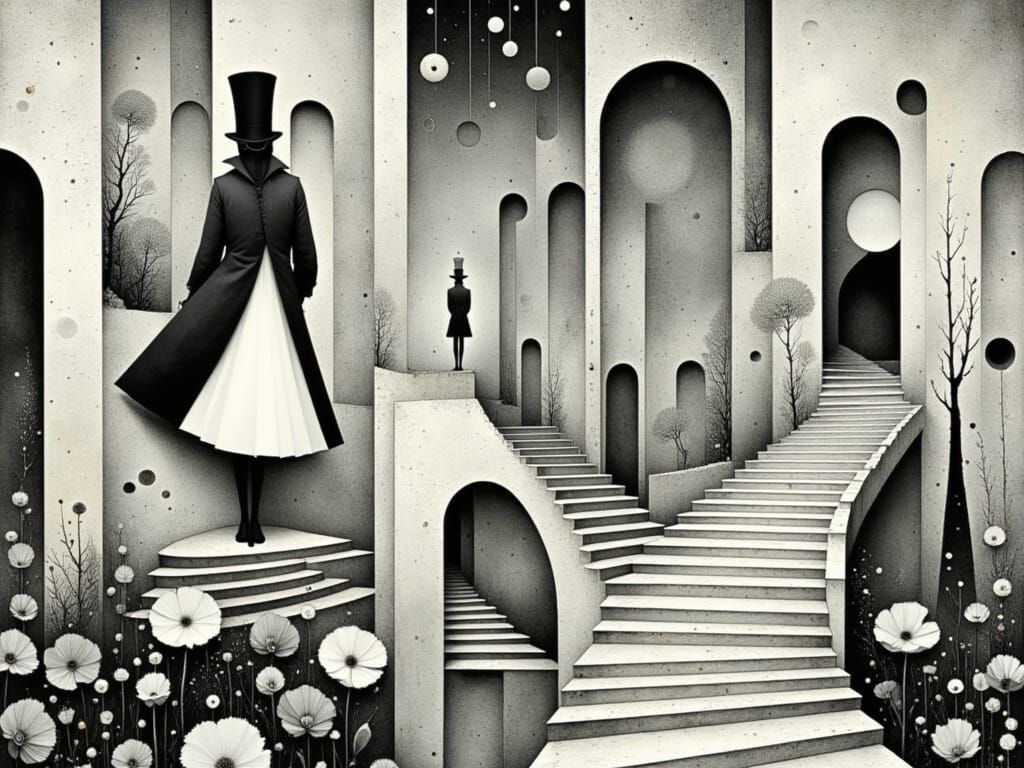 Mad Hatter's Whimsical Staircase in Opulent Black and White