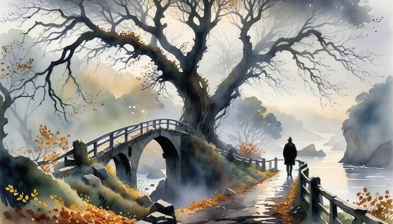 Misty Coastal Figure Gazing West at Dawn