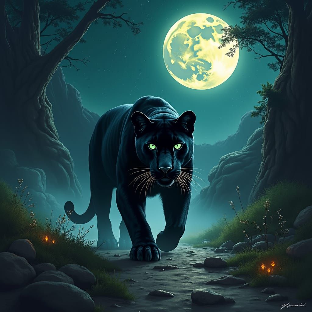 Black Moon Jaguar in Dreamy Cosmic Landscape