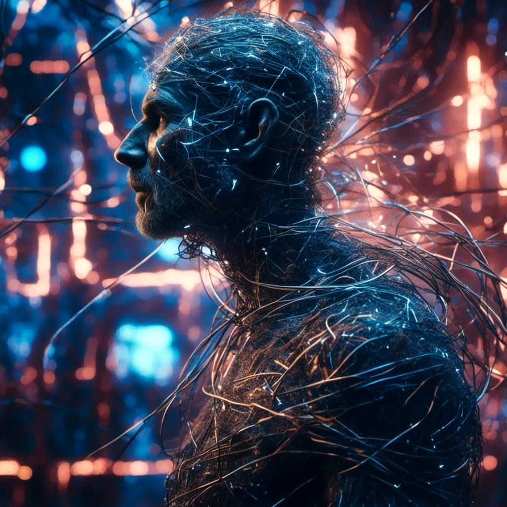 Cyberpunk Man Wrapped in Wire in Neon Cityscape