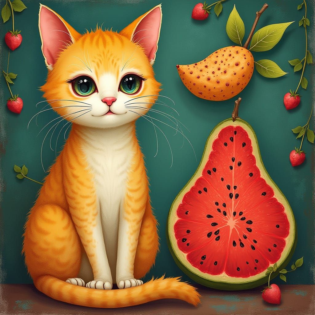 Whimsical Cat Fruit Hybrids in Vibrant Digital Art